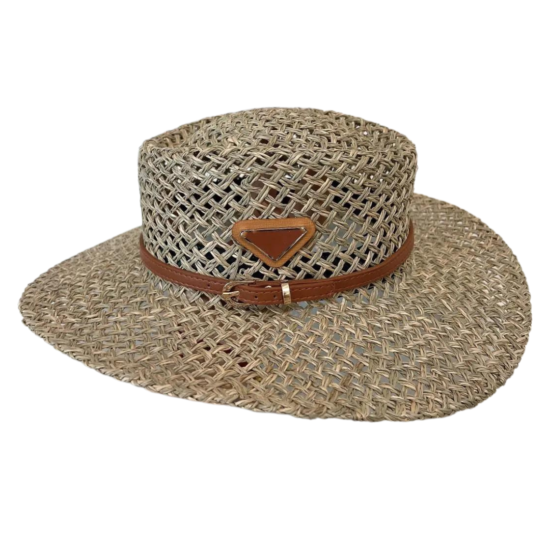 Wide Bream Bucket Hat in Straw with Leather Band