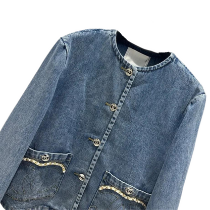 Denim Jacket with Crew-neck Collar