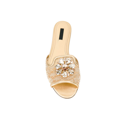 Sandal in Gold with Lace Detailing and Crystal Pendant