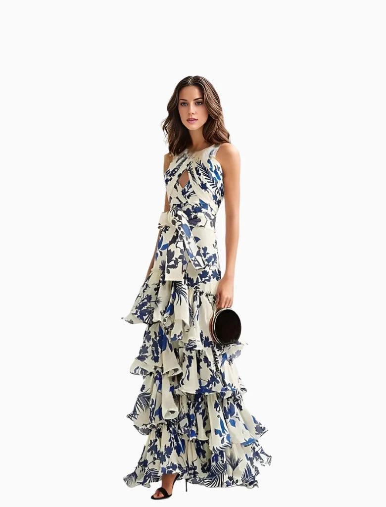 Maxi Dress with Flounces in Blue Floral Motif