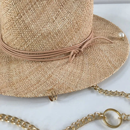 Fedora in Straw With Gold and Pearl Accessories