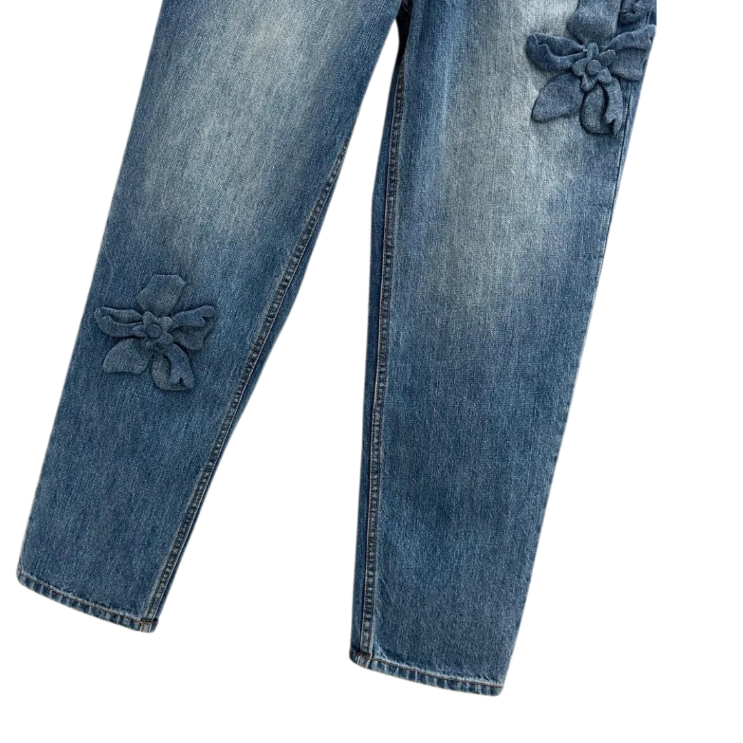 Mid Rise Straight Fit Jeans with Flower Motif