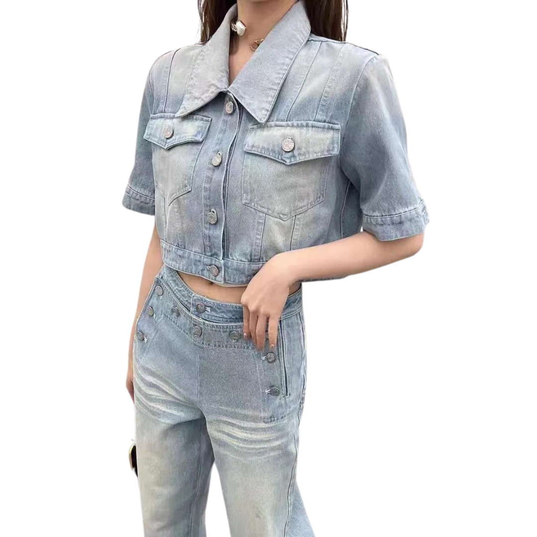 Single-breast Cropped Denim Jacket with Short Sleeves