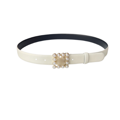 Leather Belt with Pearl Embellished Buckle