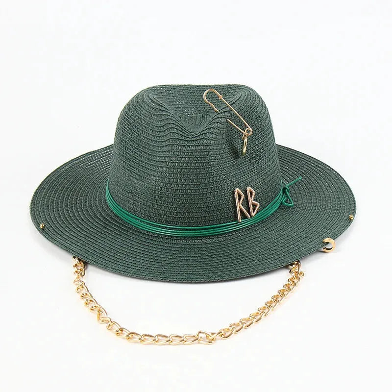 Fedora in Raffia with Brooch and Chain