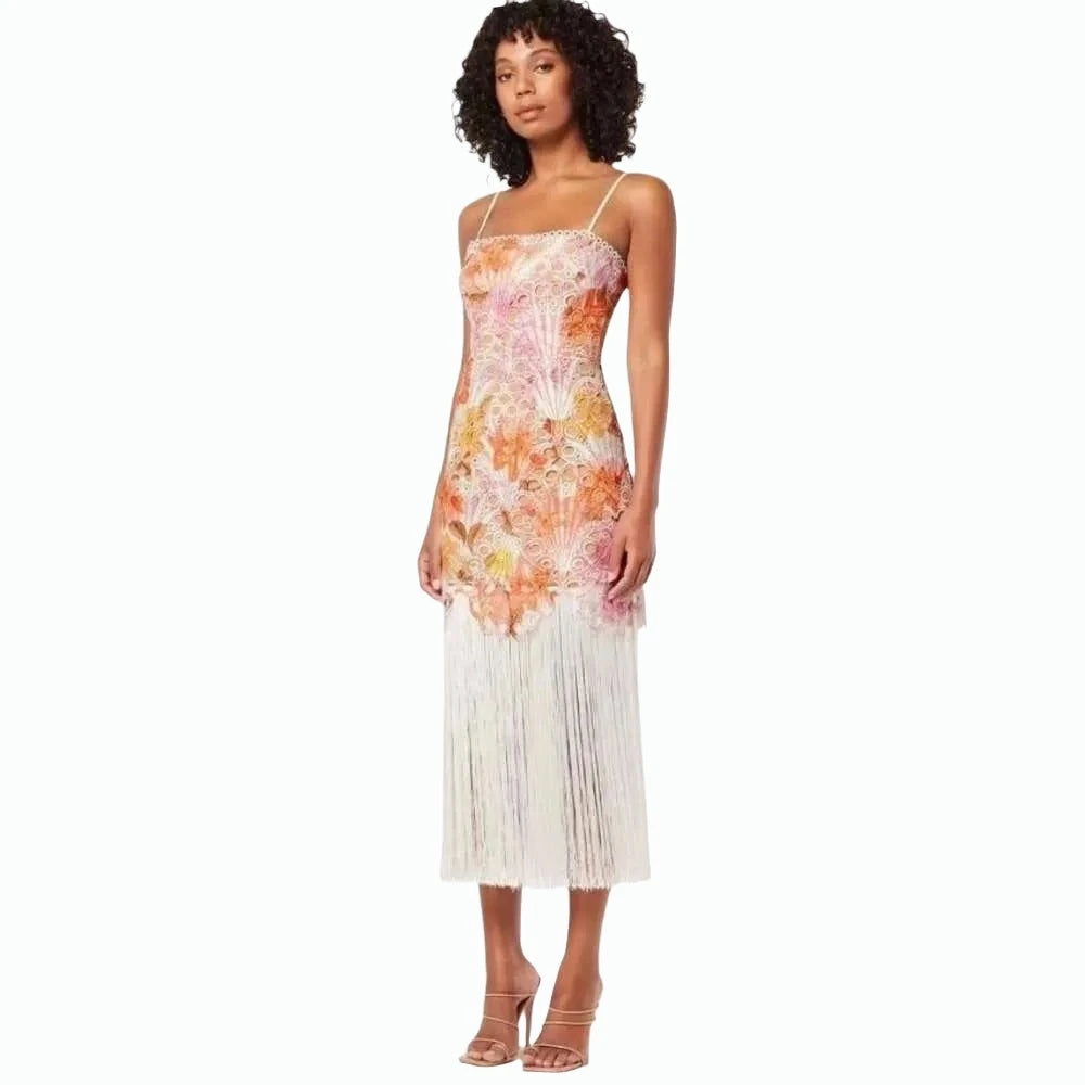 Linen Sheath Dress in Embroidery with Tassels