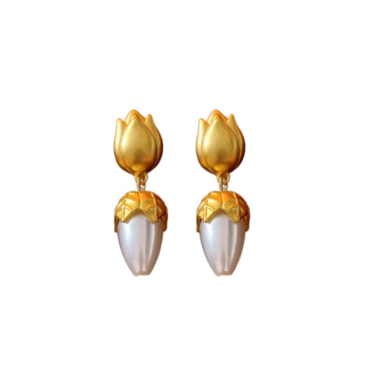 Vintage Earrings in Tulip Motif with Pearls