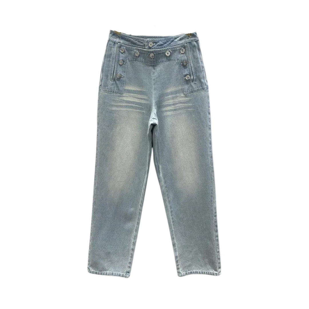 High Waist Straight Leg Denim Trousers with Buttons