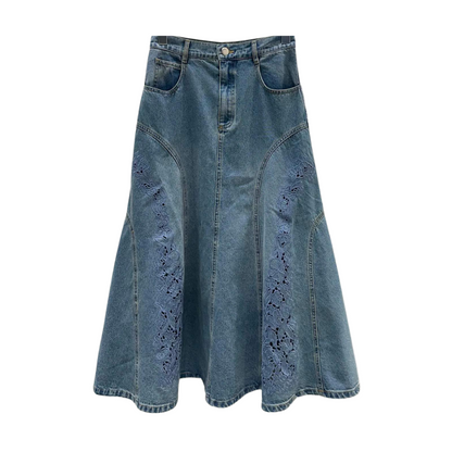 Midi Skirt in Denim with Embroidery Insert