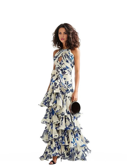 Maxi Dress with Flounces in Blue Floral Motif