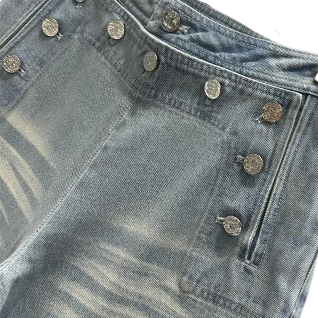 High Waist Straight Leg Denim Trousers with Buttons