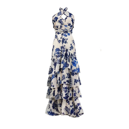 Maxi Dress with Flounces in Blue Floral Motif