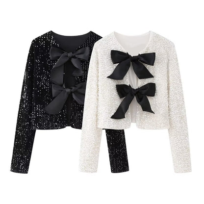 Cropped Jacket with Sequins and Bow-tie Fastening