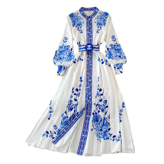 Midi Dress in Porcelain White with Royal Blue Florid Feature