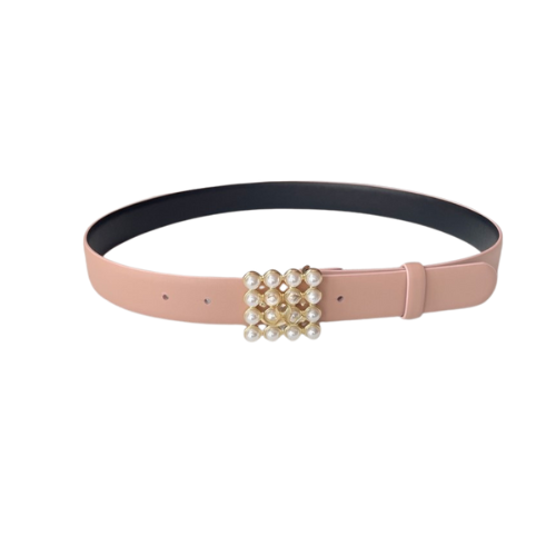 Leather Belt with Pearl Embellished Buckle