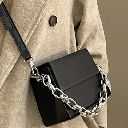 Leather Bag with Square Shape and Silver Chain Handle