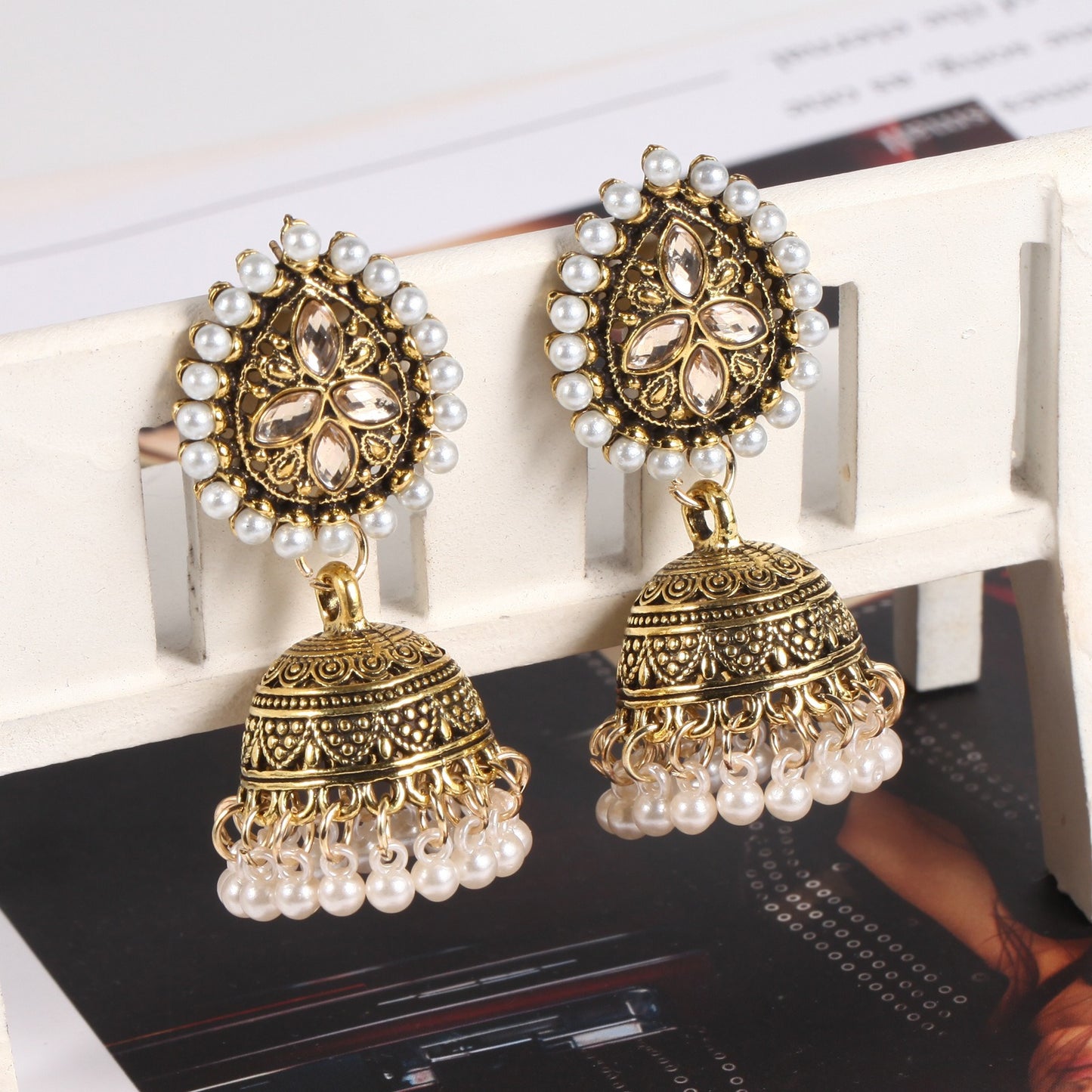 Handmade Earrings in Gold-plating and Beaded Bell Motif