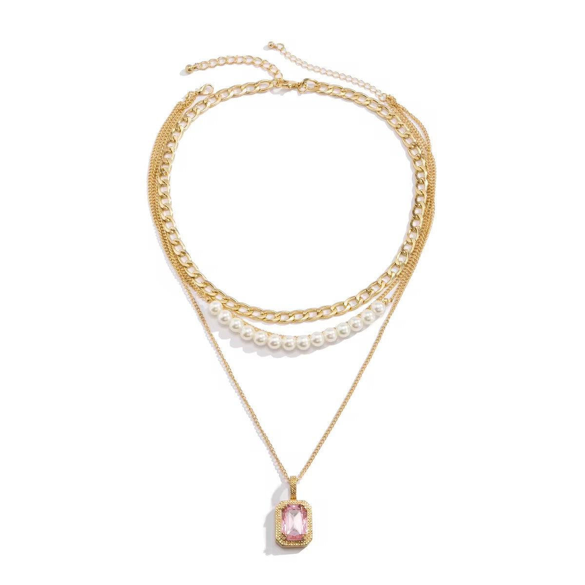 Gold Plated Multi-layered Necklace with Pearls and Pink Gemstone