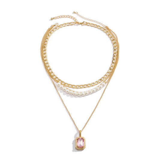 Gold Plated Multi-layered Necklace with Pearls and Pink Gemstone