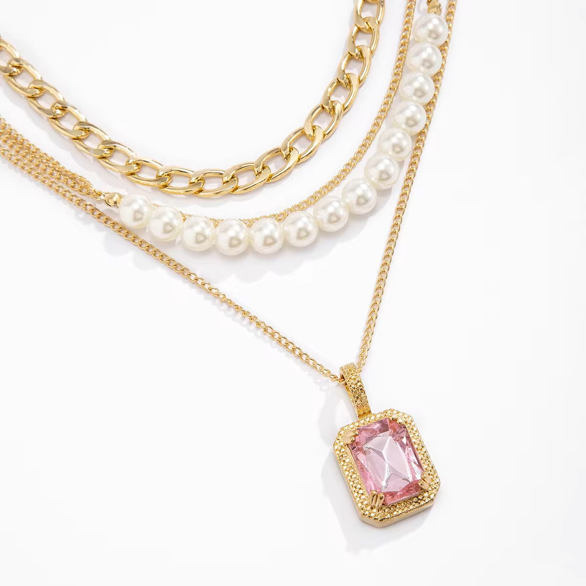 Gold Plated Multi-layered Necklace with Pearls and Pink Gemstone