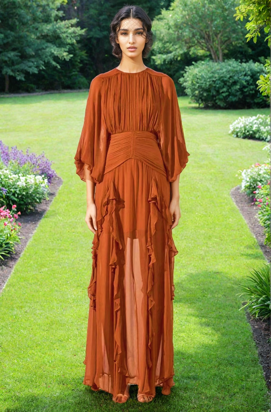 Maxi Dress in Chiffon in Burnt Orange