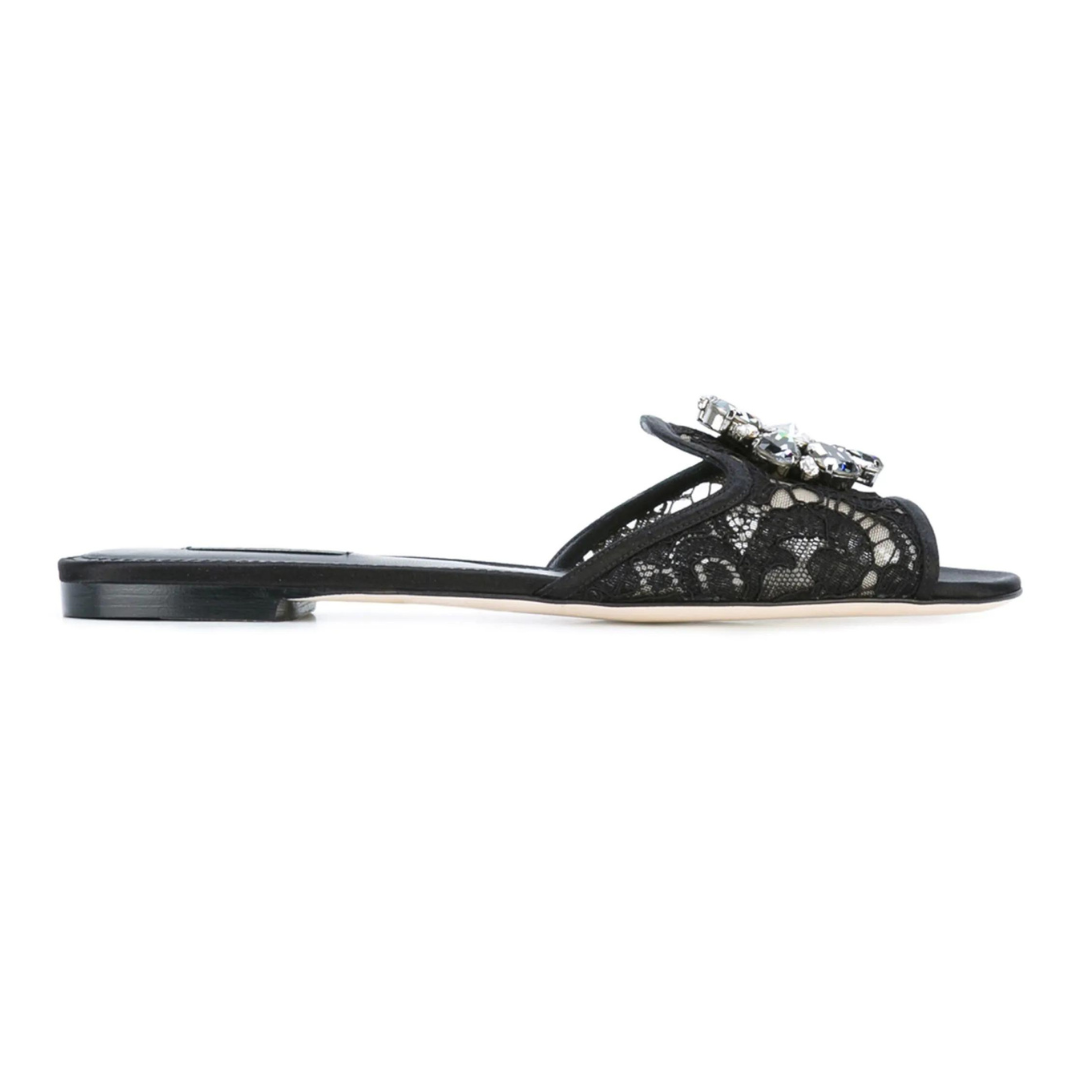 Sandals in Black with Lace Detailing and Crystal Pendant