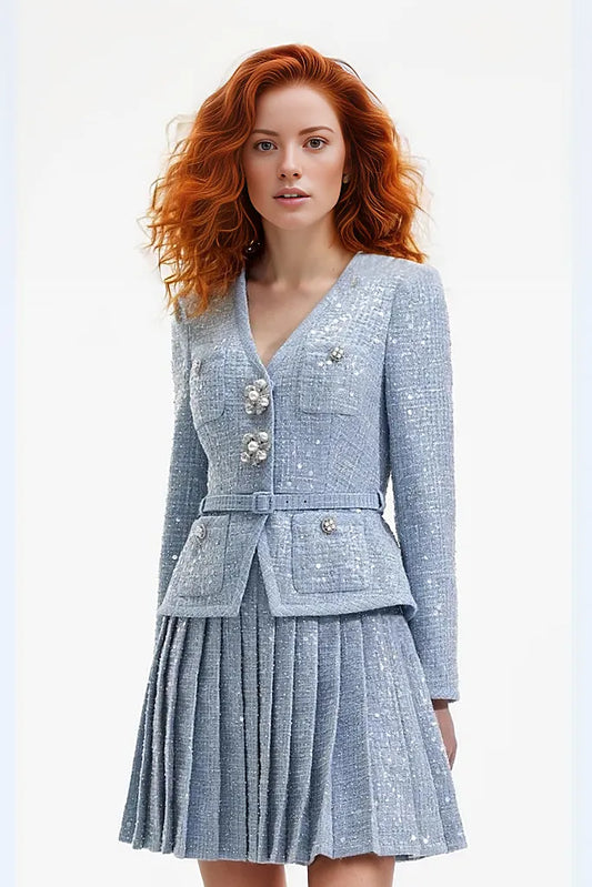 Jacket with Belt and Pleated Skirt Set in Tweed
