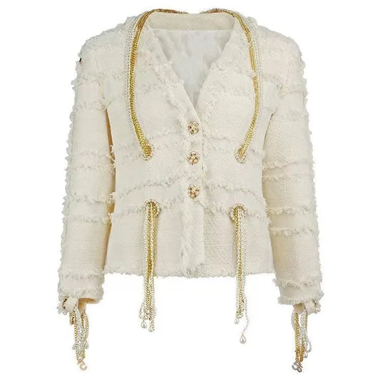 Single-breasted Tweed Jacket with Pearls and Gold Chain Embellishments