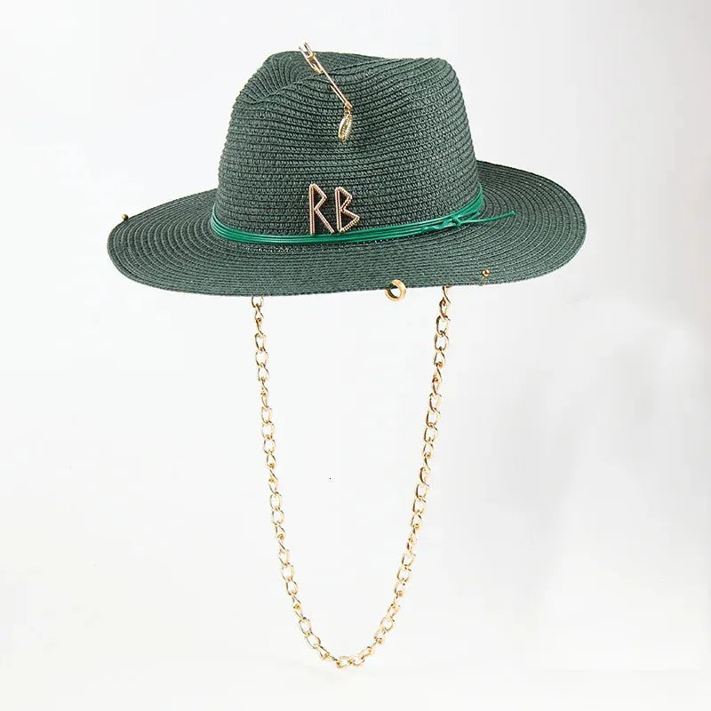 Fedora in Raffia with Brooch and Chain