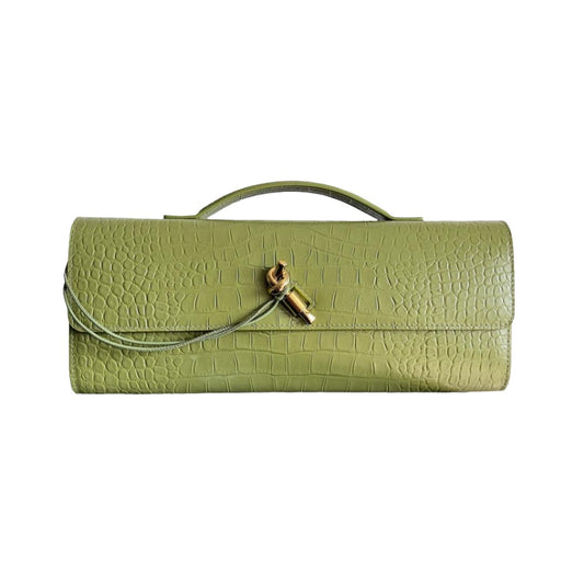 Embossed Genuine Leather Clutch Bag in Pistachio
