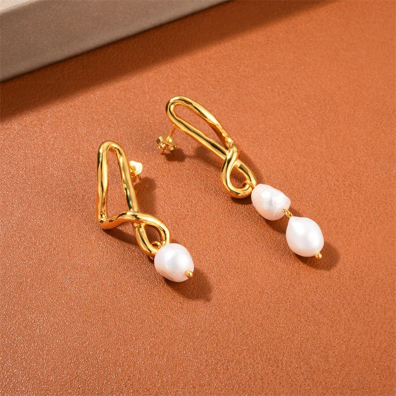 18K Gold Plated Crooked Earrings with Pearls