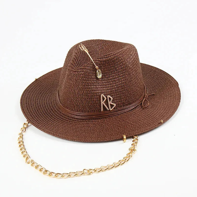 Fedora in Raffia with Brooch and Chain