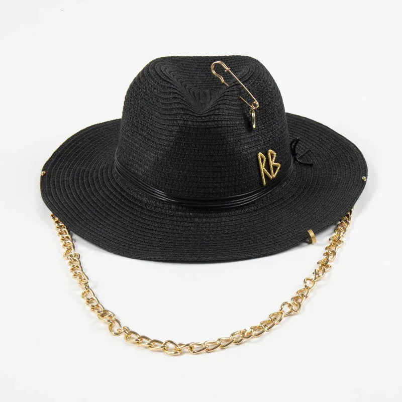 Fedora in Raffia with Brooch and Chain