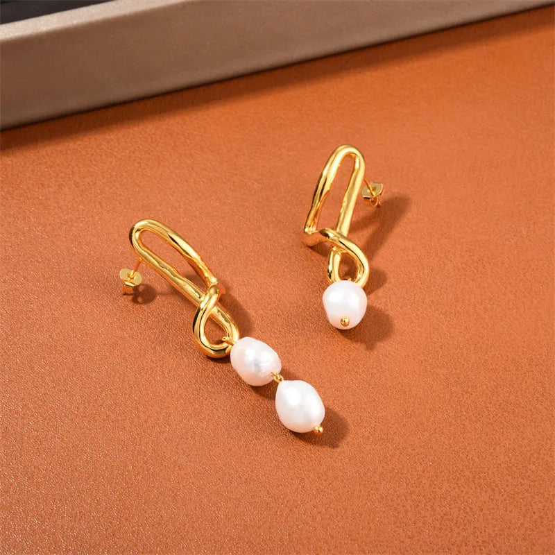 18K Gold Plated Crooked Earrings with Pearls