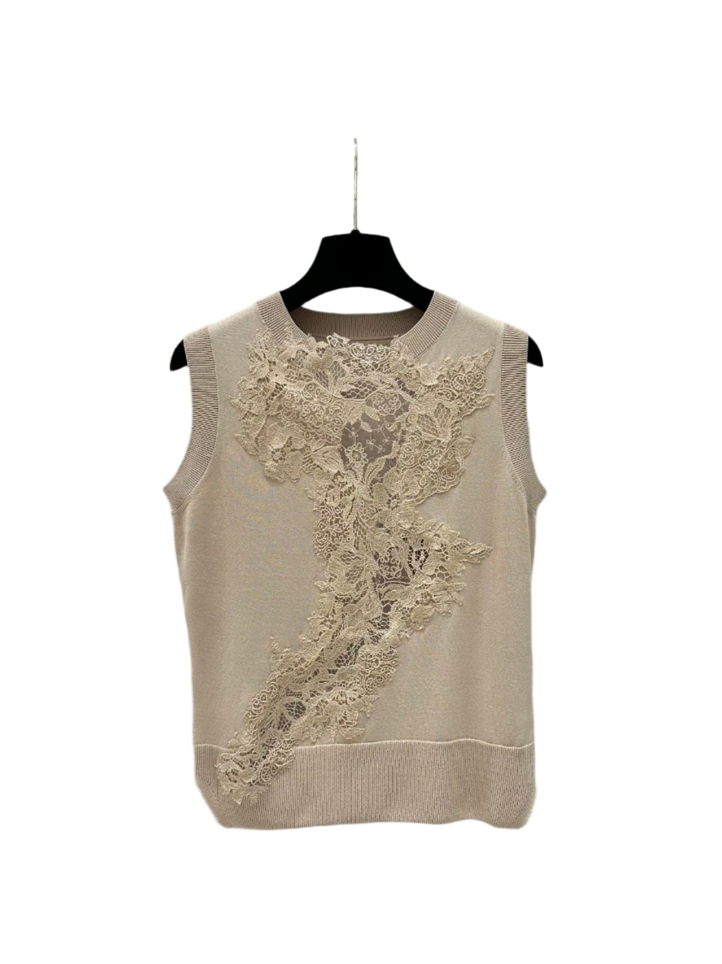 Knitted Vest in Beige with Lace Insert