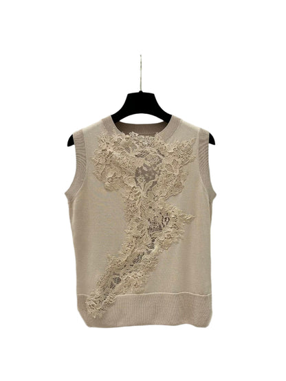 Knitted Vest in Beige with Lace Insert