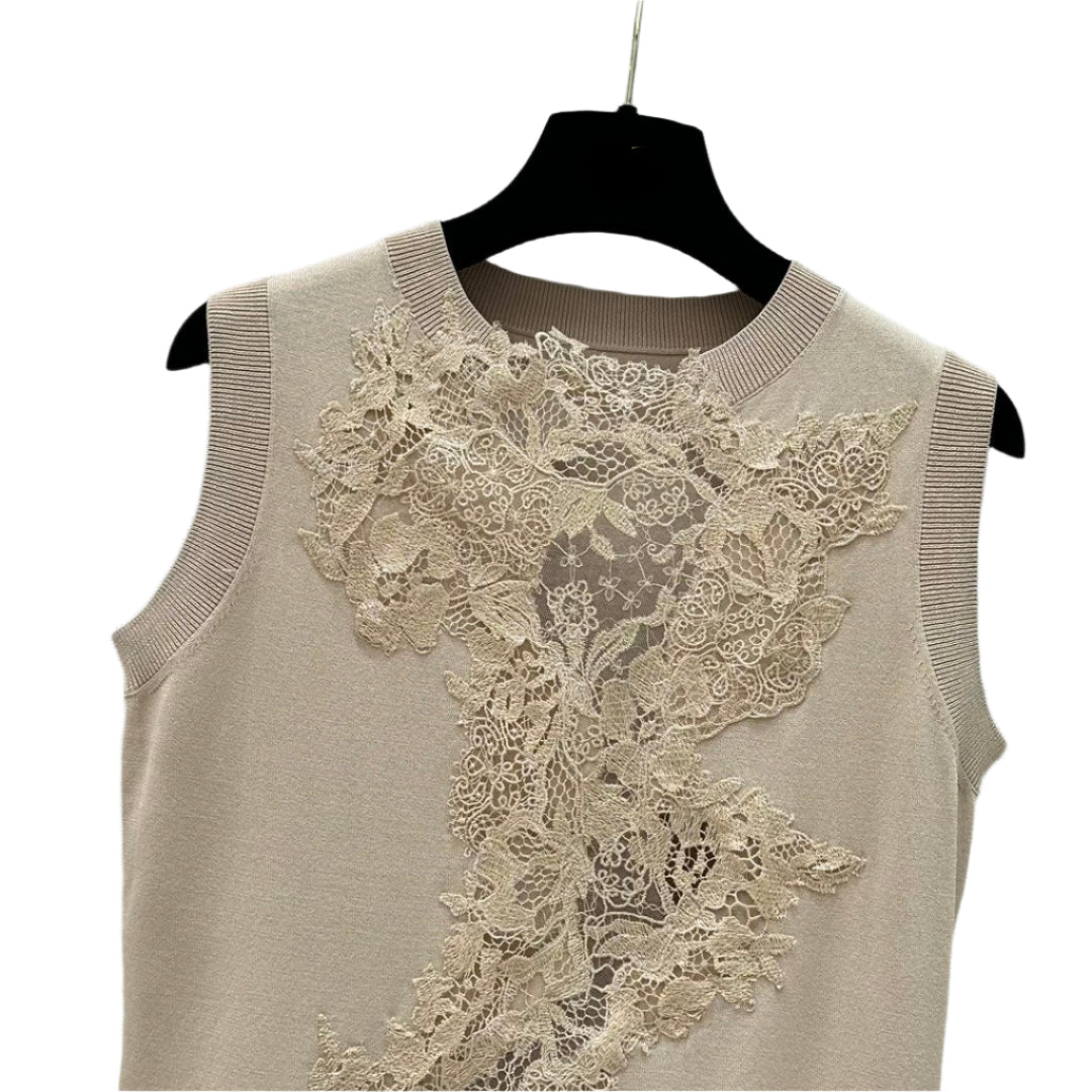 Knitted Vest in Beige with Lace Insert