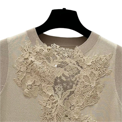 Knitted Vest in Beige with Lace Insert