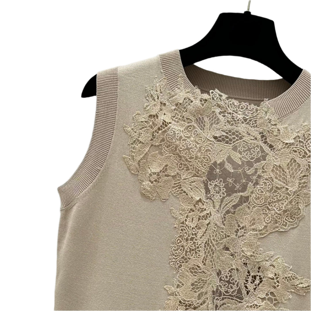 Knitted Vest in Beige with Lace Insert