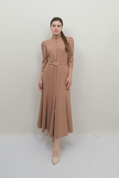 Midi Dress with Gathered Shoulders and Panelled Skirt